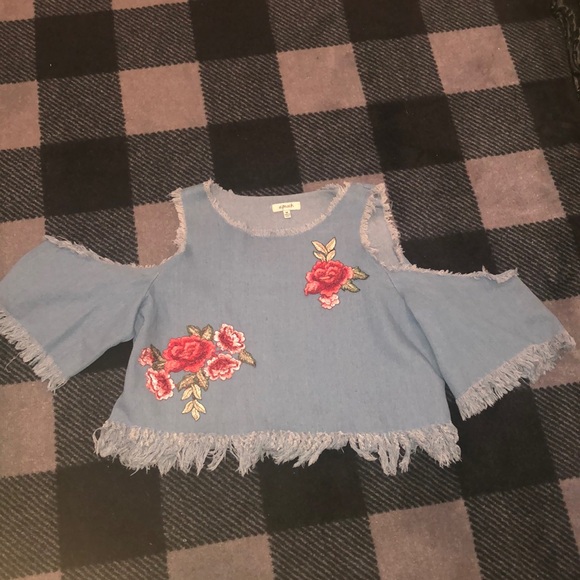 denim off shoulder top with embroidered flowers - Picture 1 of 3
